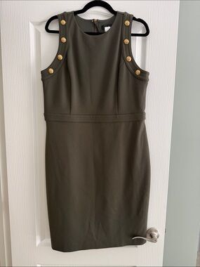 White House Black Market Olive Sheath Dress with Gold Buttons